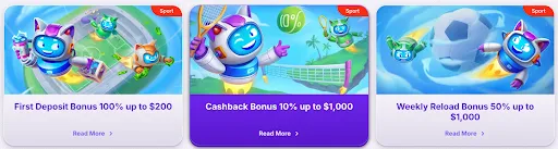 RoboCat Sports Bonuses – Deposit, Cashback & Reload Offers. RoboCat Sportsbook promotions with cartoon-style robot cats playing football and tennis, featuring bonuses like First Deposit Bonus, Cashback, and Weekly Reload Bonus.