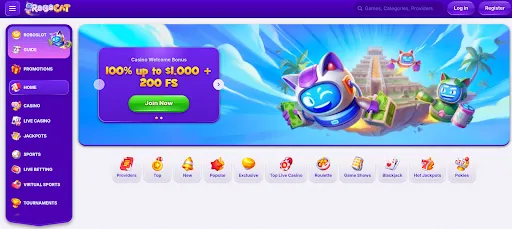 RoboCat Casino – 100% Bonus up to $1,000 + 200 Free Spins. Casino homepage with RoboCat mascots and tropical island background, offering a welcome bonus of 100% up to $1,000 + 200 FS.