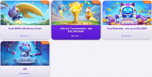 RoboCat Specials – Bonus Crab, Roboslot $12K, $12M Tournaments & VIP Rewards. RoboCat casino promotions featuring Bonus Crab, tournaments with $12,000,000 prize pool, Roboslot game, and VIP program with robot-themed characters.