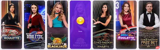 Top Live Casino Games – Play Roulette, Blackjack & More with Real Dealers. Selection of live casino games including Speed Roulette, Mega Roulette, Gravity Blackjack, Gold Saloon Roulette, and Gold Saloon Free Bet Blackjack, with professional dealers hosting each game.