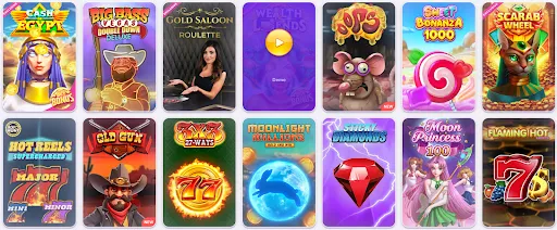 RoboCat Game Gallery – Play Top Slots Like Sweet Bonanza, Gold Saloon, Oops & Scarab Wheel. Selection of RoboCat casino games featuring colorful slot titles such as Cash of Egypt, Gold Saloon Roulette, Oops, Sweet Bonanza 1000, Scarab Wheel, and more.