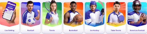 Explore Betting Options on Popular Sports – From Football to Ice Hockey. Sports categories for betting including Live Betting, Football, Tennis, Basketball, Ice Hockey, Table Tennis, and American Football, each represented by an athlete or icon.
