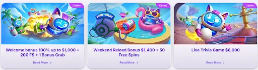 RoboCat Casino Promotions – Welcome, Reload Bonus, and Trivia Challenge. RoboCat Casino promotions panel with cartoon-style cats, featuring bonus offers: Welcome bonus up to $1,000 + 200 FS + 1 Bonus Crab, Weekend Reload Bonus $1,400 + 50 Free Spins, and Live Trivia Game $6,000.